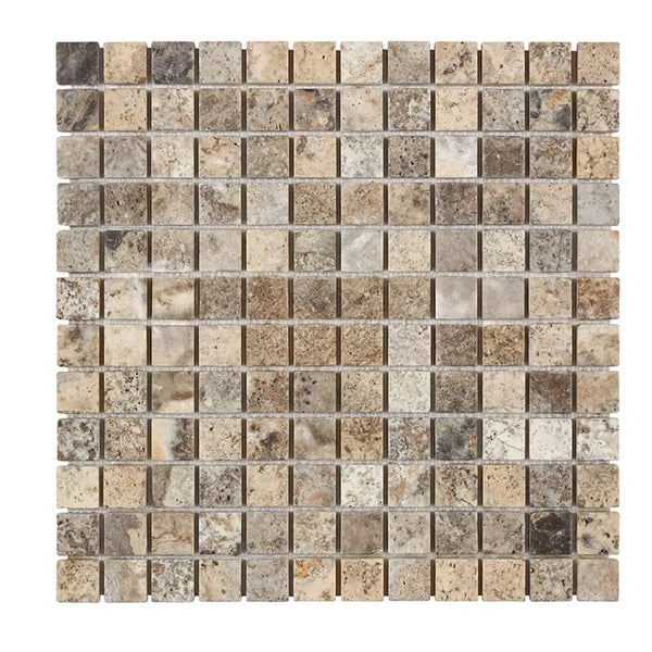 Square mosaic tile sheet of Silver Gray Travertine 1X1 Tumbled for elegant decor