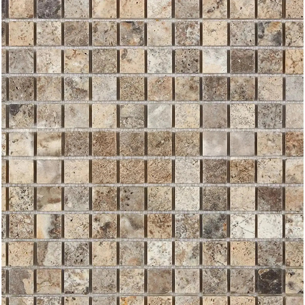 Silver Gray Travertine 1X1 Mosaic Tumbled square tile pattern for elegant spaces