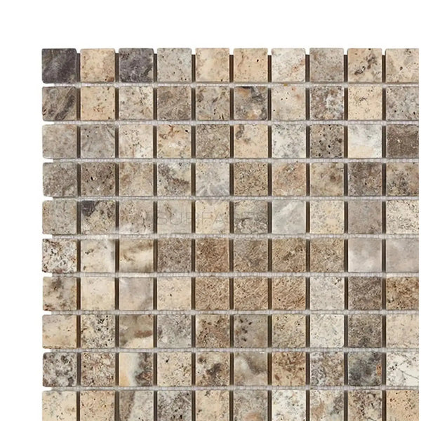 Silver Gray Travertine 1X1 Mosaic Tumbled tile sheet showcasing elegant mosaic pattern