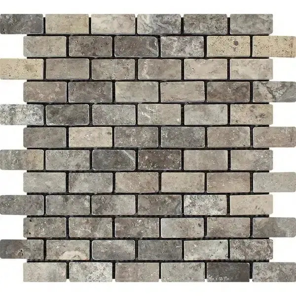 Gray brick mosaic tile from the Silver Gray Travertine 1X2 collection