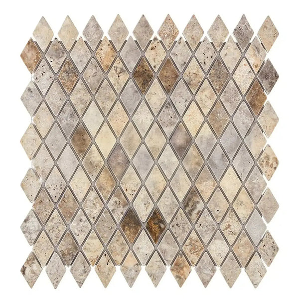 Silver Gray Travertine 1X2 Diamond Rhomboid Mosaic Tile Sheet with Diamond Pattern