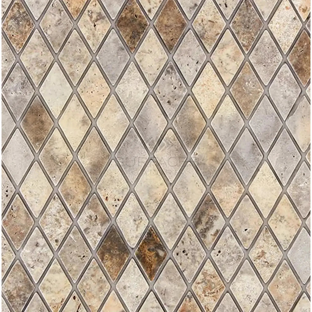 Silver Gray Travertine 1X2 Diamond Rhomboid Mosaic Tile Tumbled with diamond pattern