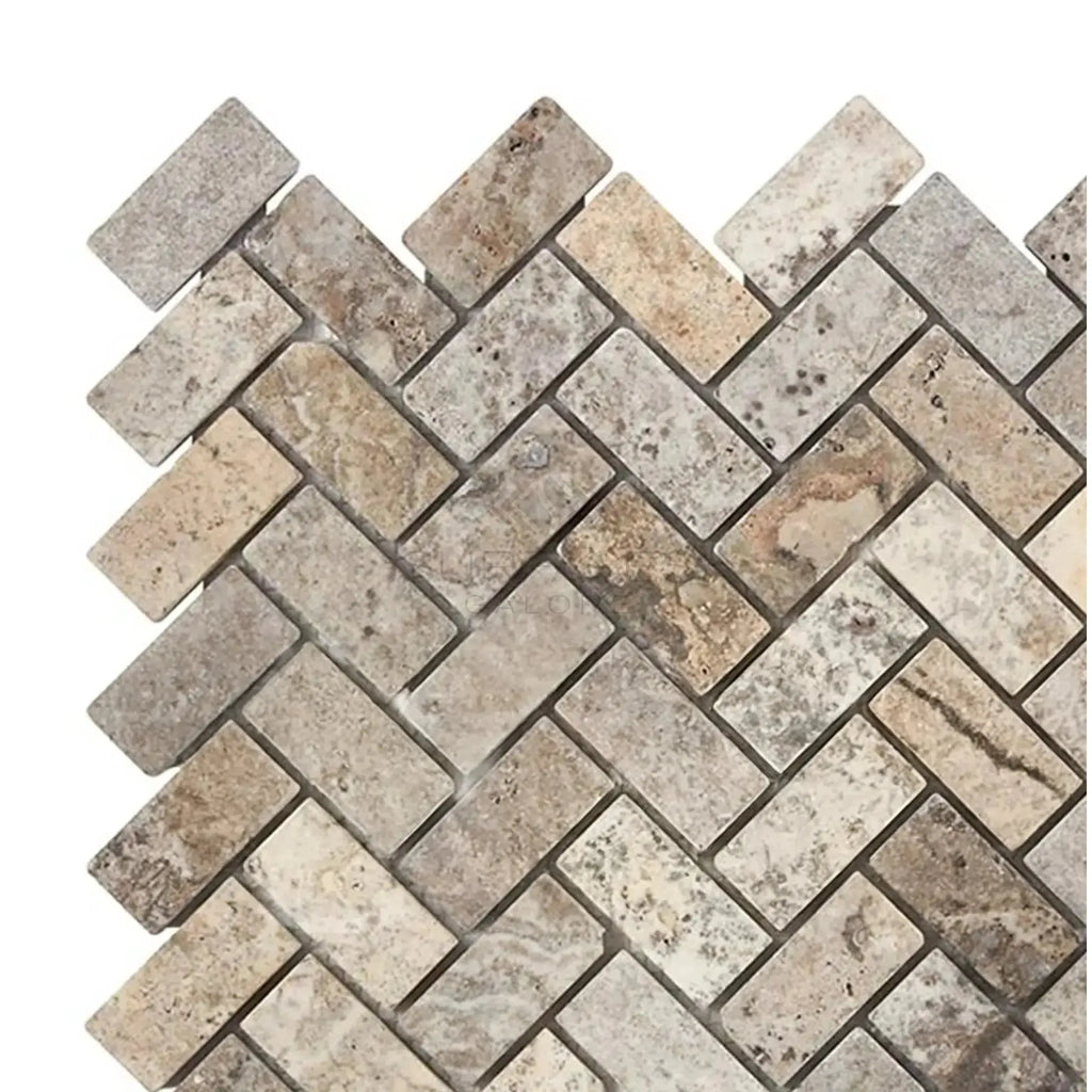 Herringbone pattern of Silver Travertine 1X2 Mosaic Tile Tumbled in gray tones