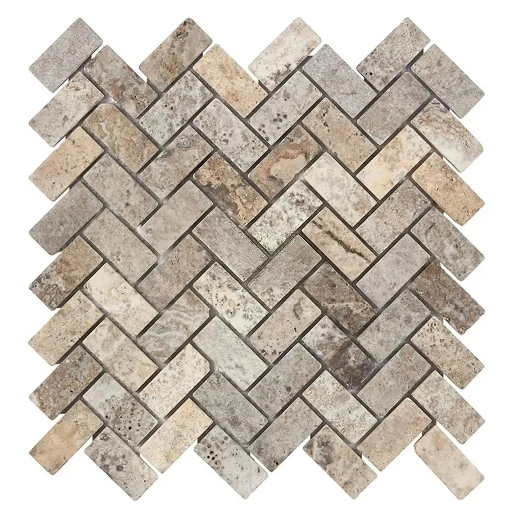 Herringbone pattern of Silver Travertine 1X2 Mosaic Tile in Tumbled finish