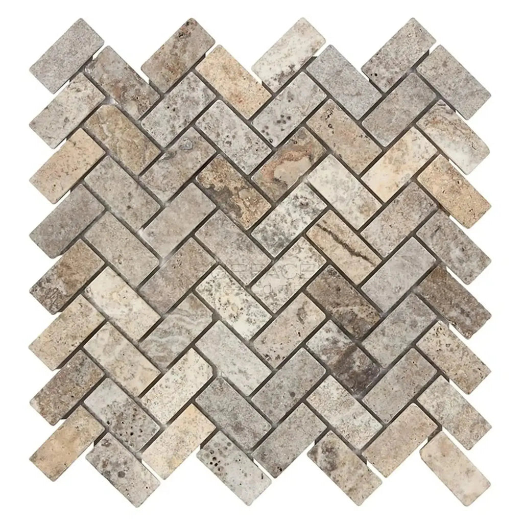 Silver Gray Travertine 1X2 Herringbone Mosaic Tile Tumbled showcasing elegant pattern