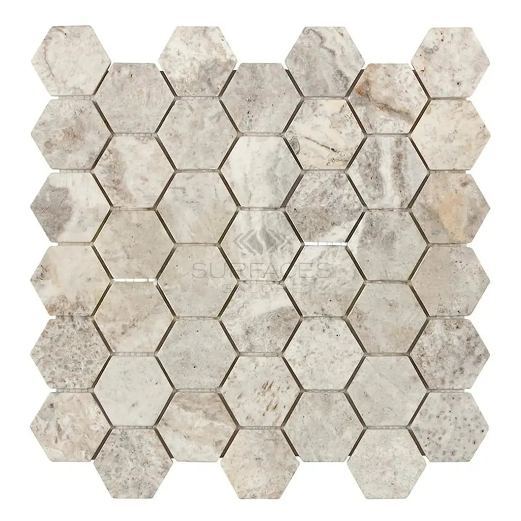 Silver Gray Travertine 2 Inch Hexagon Mosaic Tile Tumbled in Hexagonal Marble Design