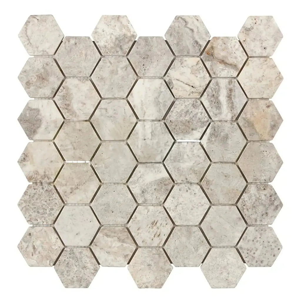 Silver Gray Travertine 2 Inch Hexagon Mosaic Tile Tumbled Hexagonal Marble Sheet