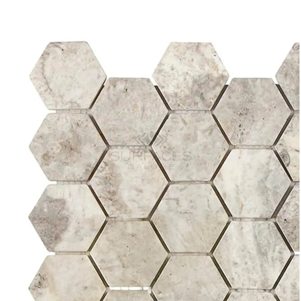 Silver Gray Travertine 2 Inch Hexagon Mosaic Tile Tumbled with elegant marble design