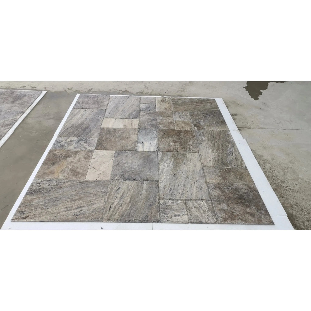 Rectangular stone tile flooring in Silver Gray Travertine 2X2 Mosaic Tumbled design