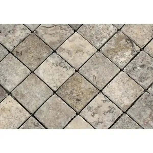 Tumbled travertine mosaic tile in Silver Gray, perfect for elegant home designs