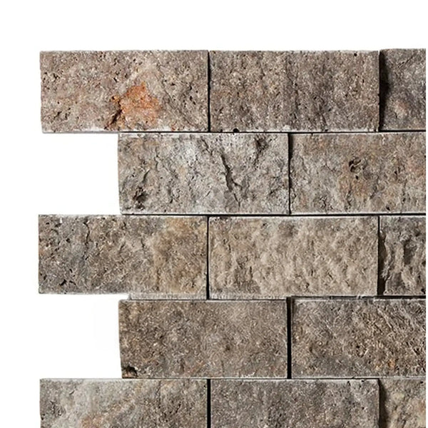 Rough-textured Silver Gray Travertine 2X4 Brick Mosaic Tile Split-Faced Wall Design