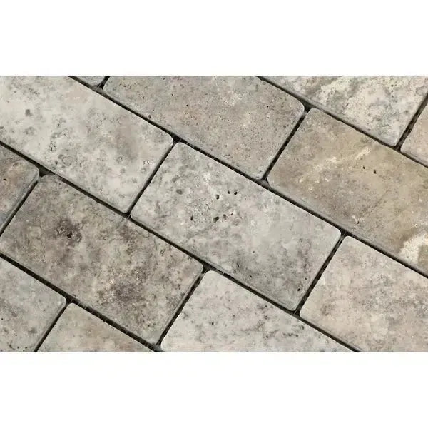 Rectangular travertine tile pattern in Silver Gray Travertine 2X4 Mosaic Tumbled