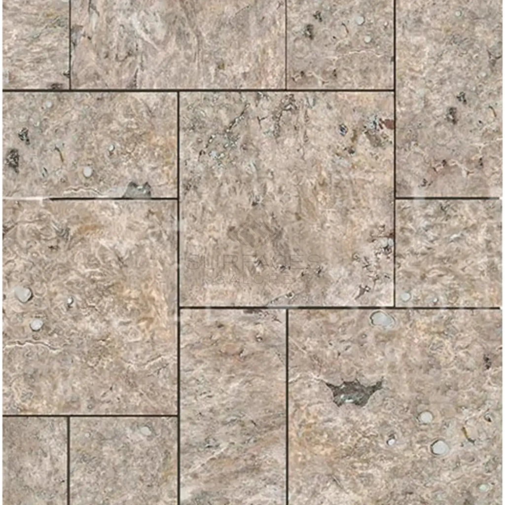 Beige travertine tile pattern featured in Silver Gray Travertine Versailles Set