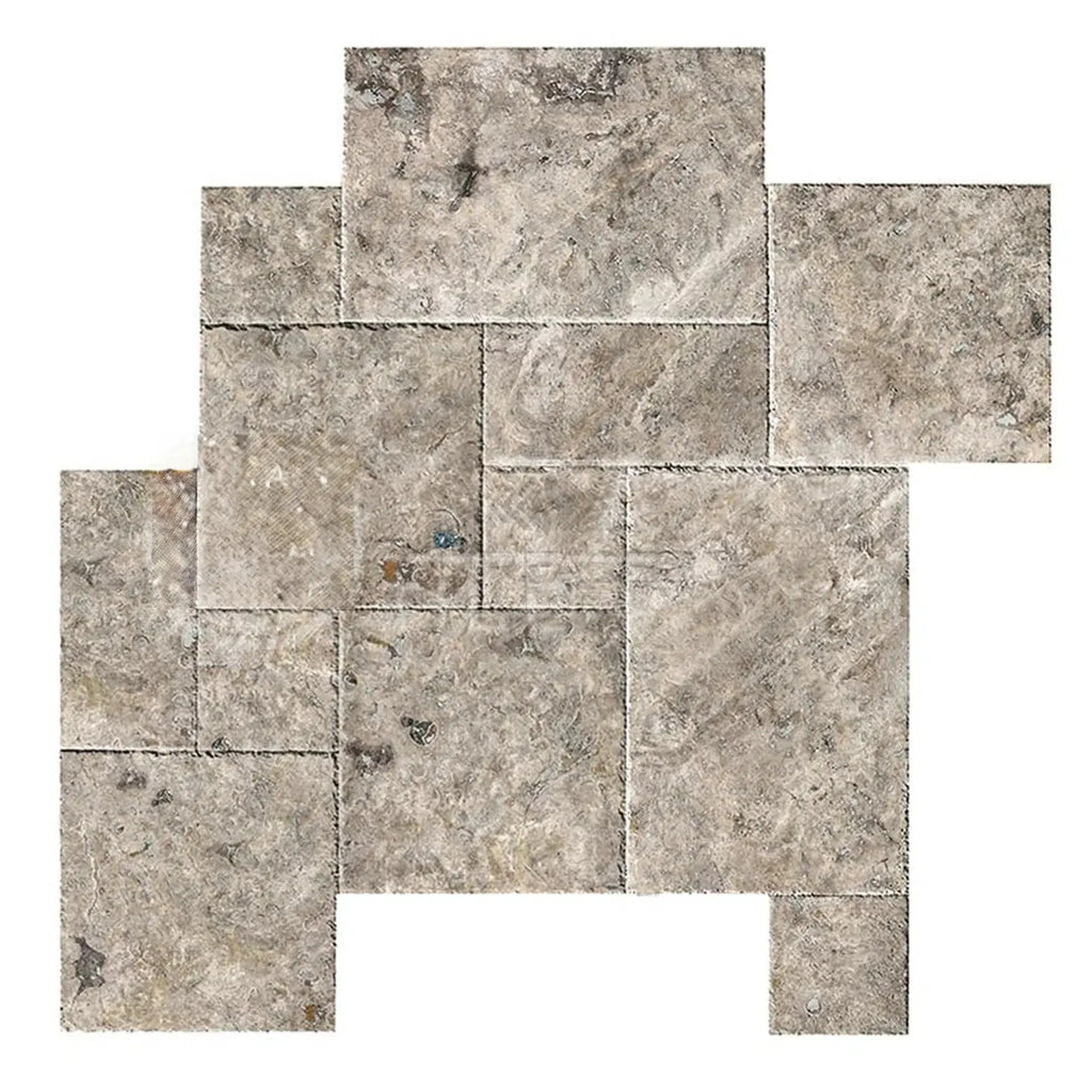 Tumbled travertine tile mosaic in Silver Gray Versailles Pattern set for elegant spaces