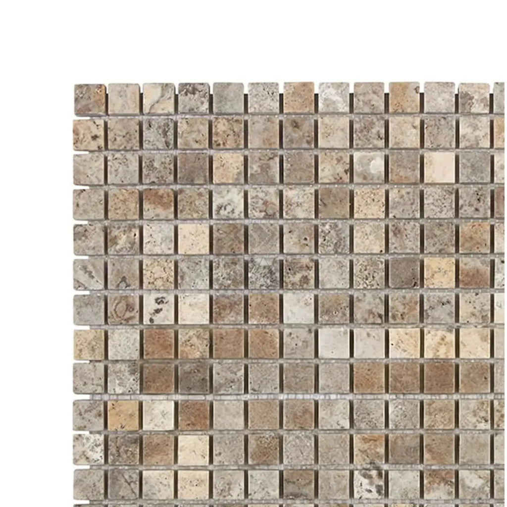 Square mosaic tile pattern of Silver Gray Travertine 5/8X5/8 Tumbled Mosaic Tile