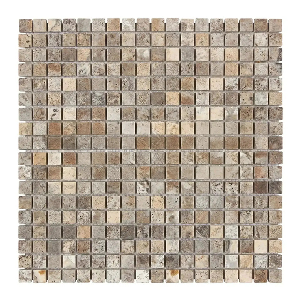 Square Mosaic Tile Sheet in Silver Gray Travertine 5/8X5/8 Tumbled Design