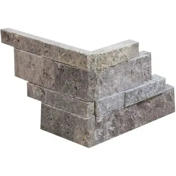 Gray stone corner veneer in Silver Travertine Ledger-Panel Corner Mosaic Split-Faced