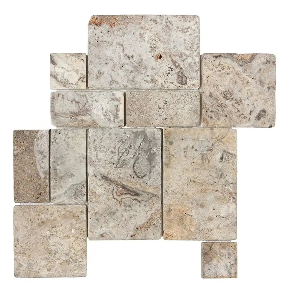 Silver Gray Travertine OPUS Mini-Pattern Tumbled Tile Mosaic for elegant flooring design