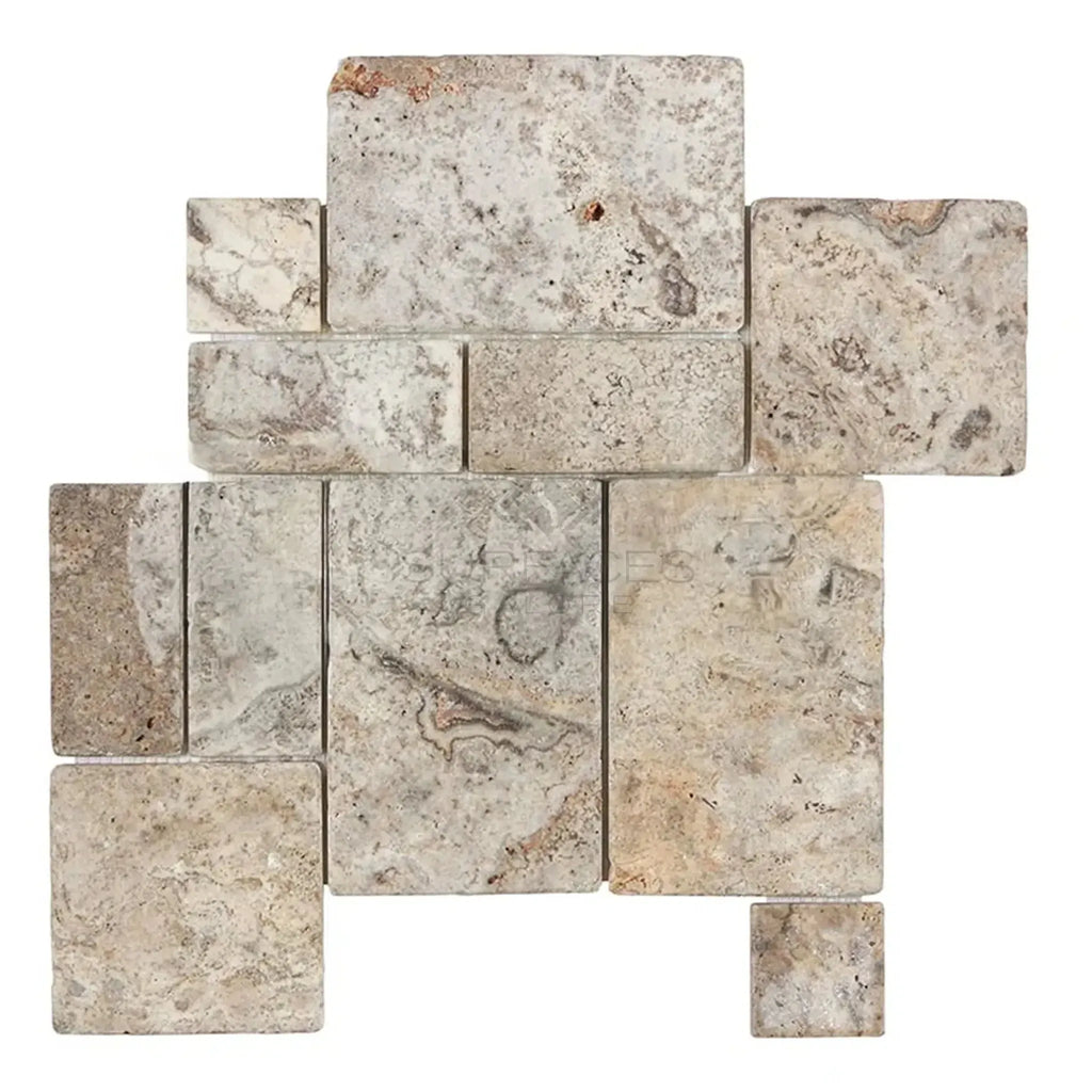 Silver Gray Travertine OPUS Mini-Pattern Interlocking Tumbled Mosaic Tile Display