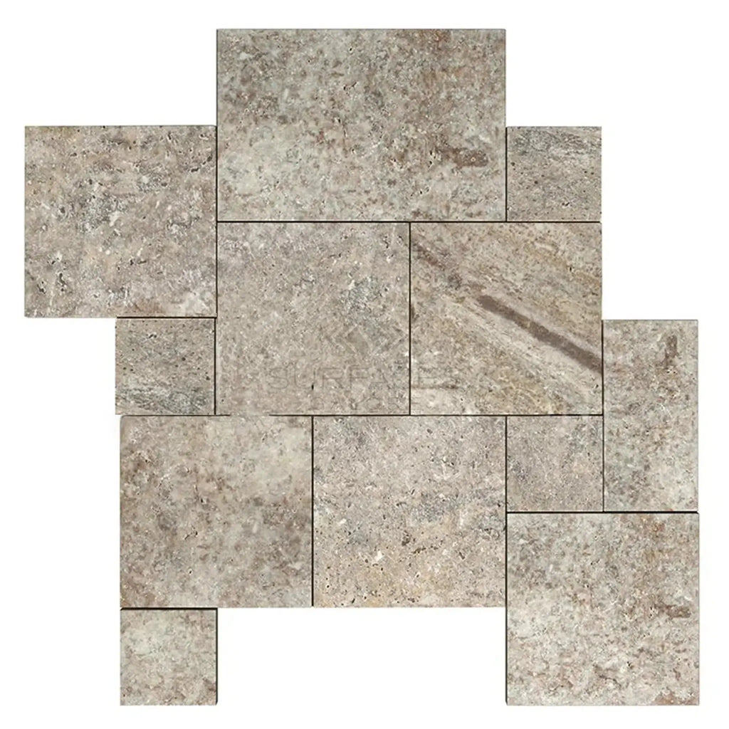 Silver Gray Travertine Versailles Pattern 3 cm Paver Tumbled tile mosaic display