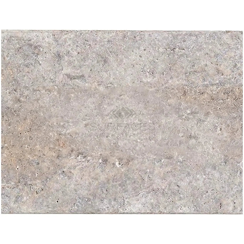 Textured gray stone slab of Silver Travertine 16X24 paver with tumbled finish