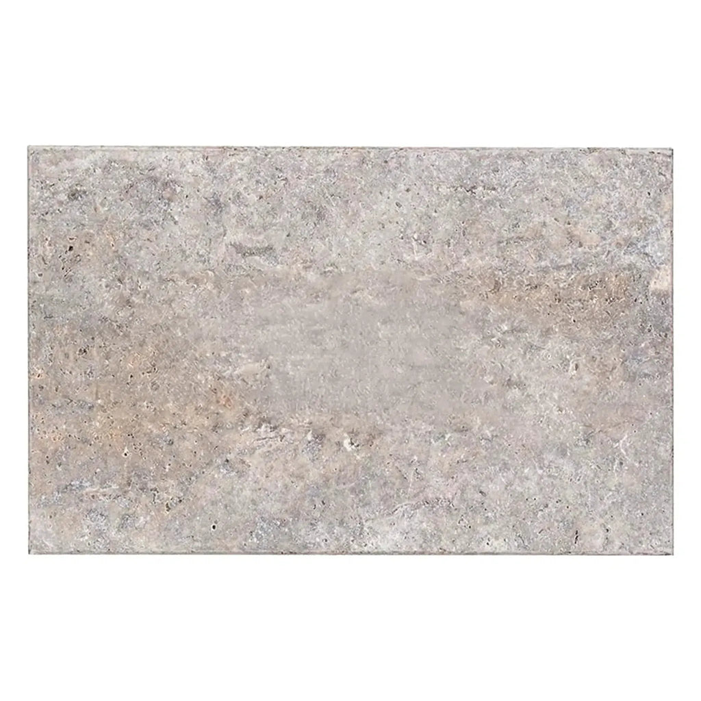 Textured gray stone tile in Silver Travertine 16X24 paver with tumbled finish