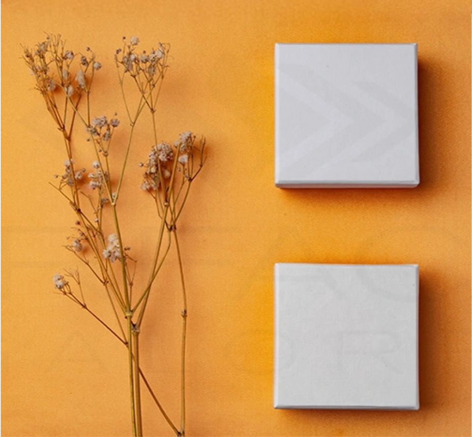 A minimalist flat lay image featuring two small white square boxes placed vertically on an orange background, accompanied by a dried sprig of baby's breath on the left side.