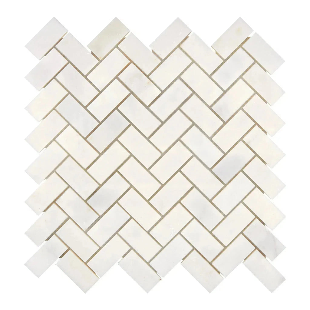 Snow White 1X2 Herringbone Marble Mosaic Polished with white herringbone tile pattern