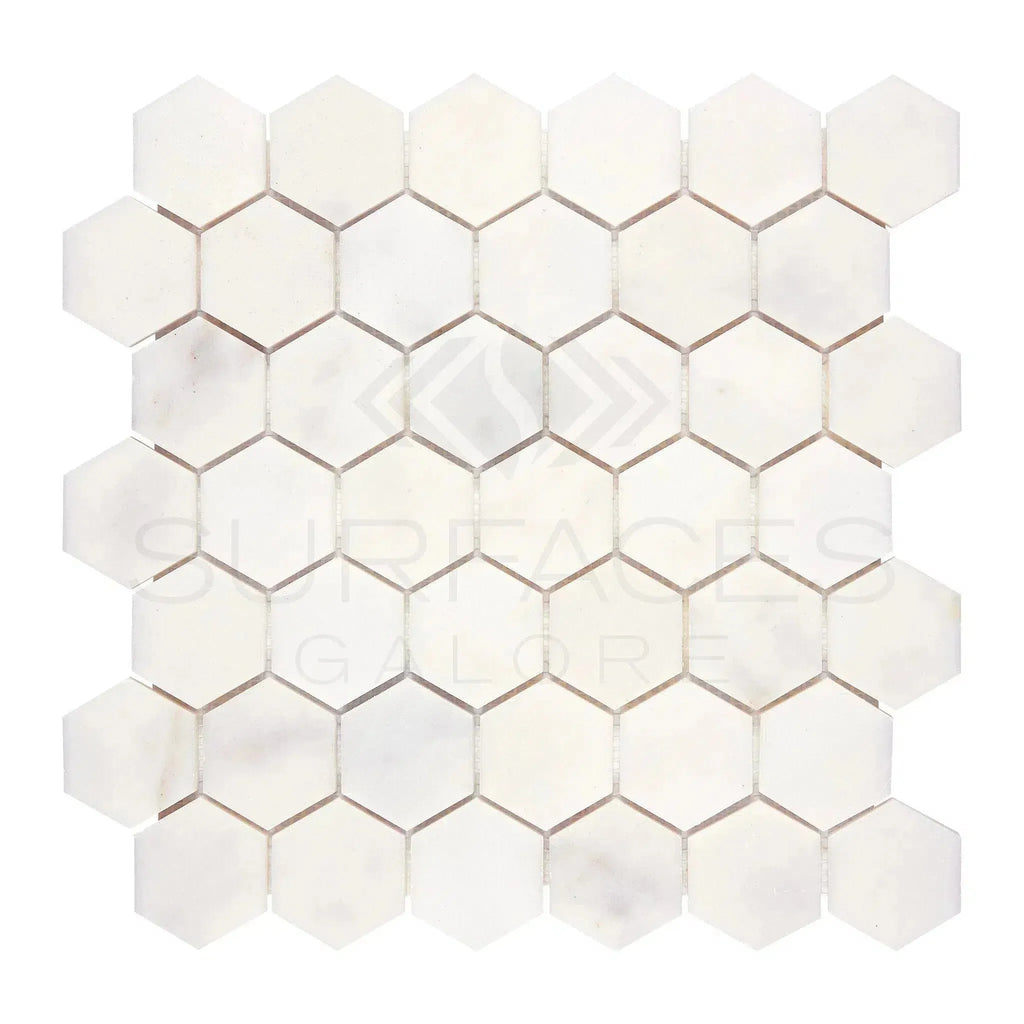 Snow White 2 Inch Hexagon Marble Mosaic Polished White Tile Sheet Display