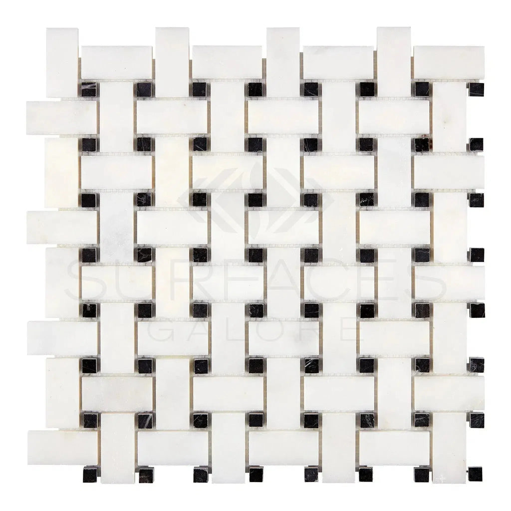 Woven white and black mosaic tile from Snow White Basketweave Marble Mosaic Polished