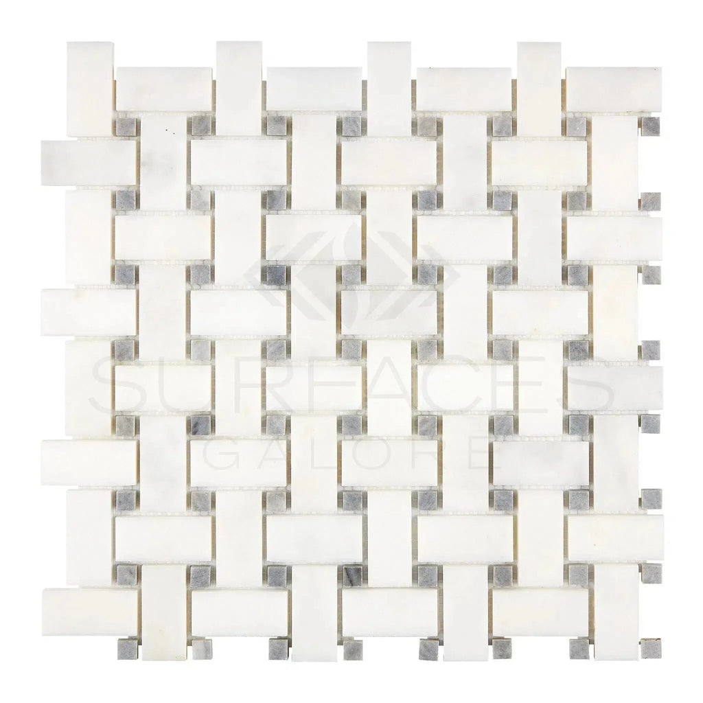 White and gray woven mosaic tile in Snow White Basketweave Marble Mosaic Polished