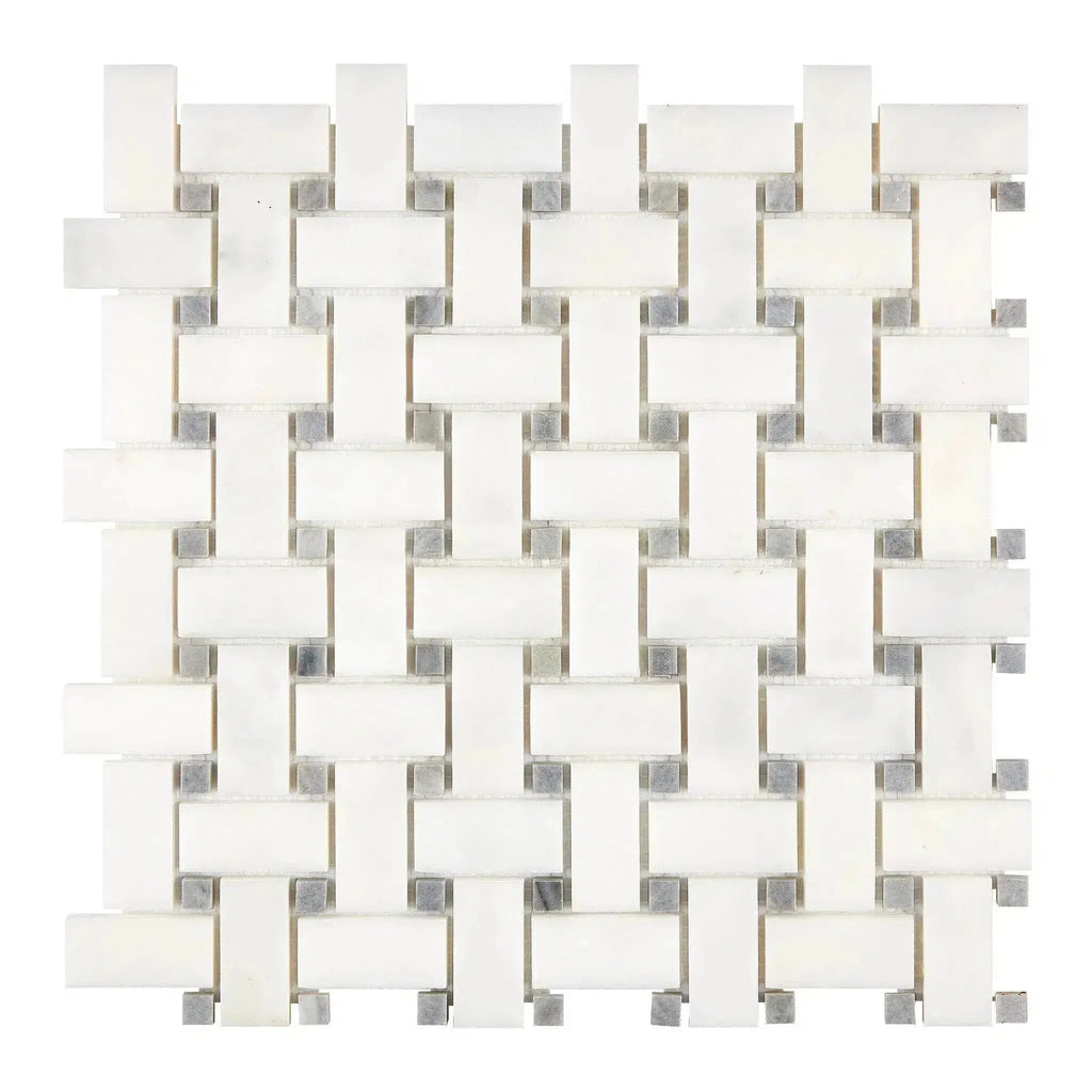 Woven white and gray mosaic tile from Snow White Basketweave Marble Mosaic Polished