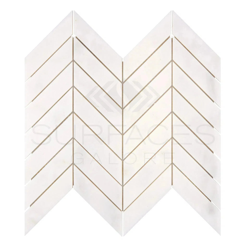 Snow White Chevron Marble Mosaic Polished tile in a sophisticated white chevron design