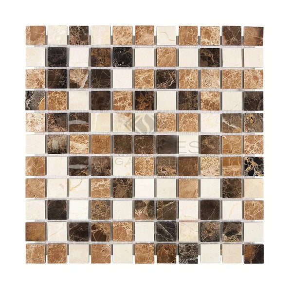 Square mosaic tile sheet featuring Spanish Mix 1X1 Crema Marfil and marble polished finish