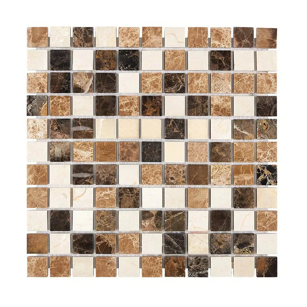 Square mosaic tile sheet of Spanish Mix 1X1 Crema Marfil and Emp. Light and Dark Marble