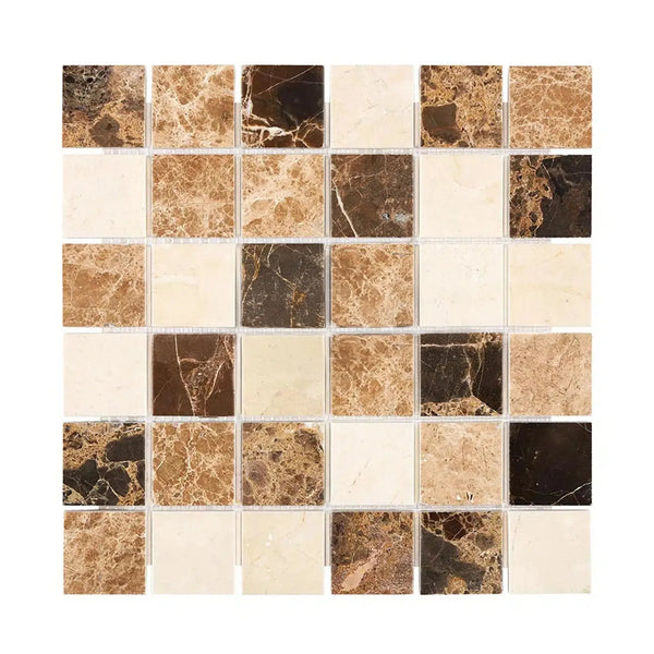 Mosaic tile sheet featuring Spanish Mix Crema Marfil and dark marble polished finish