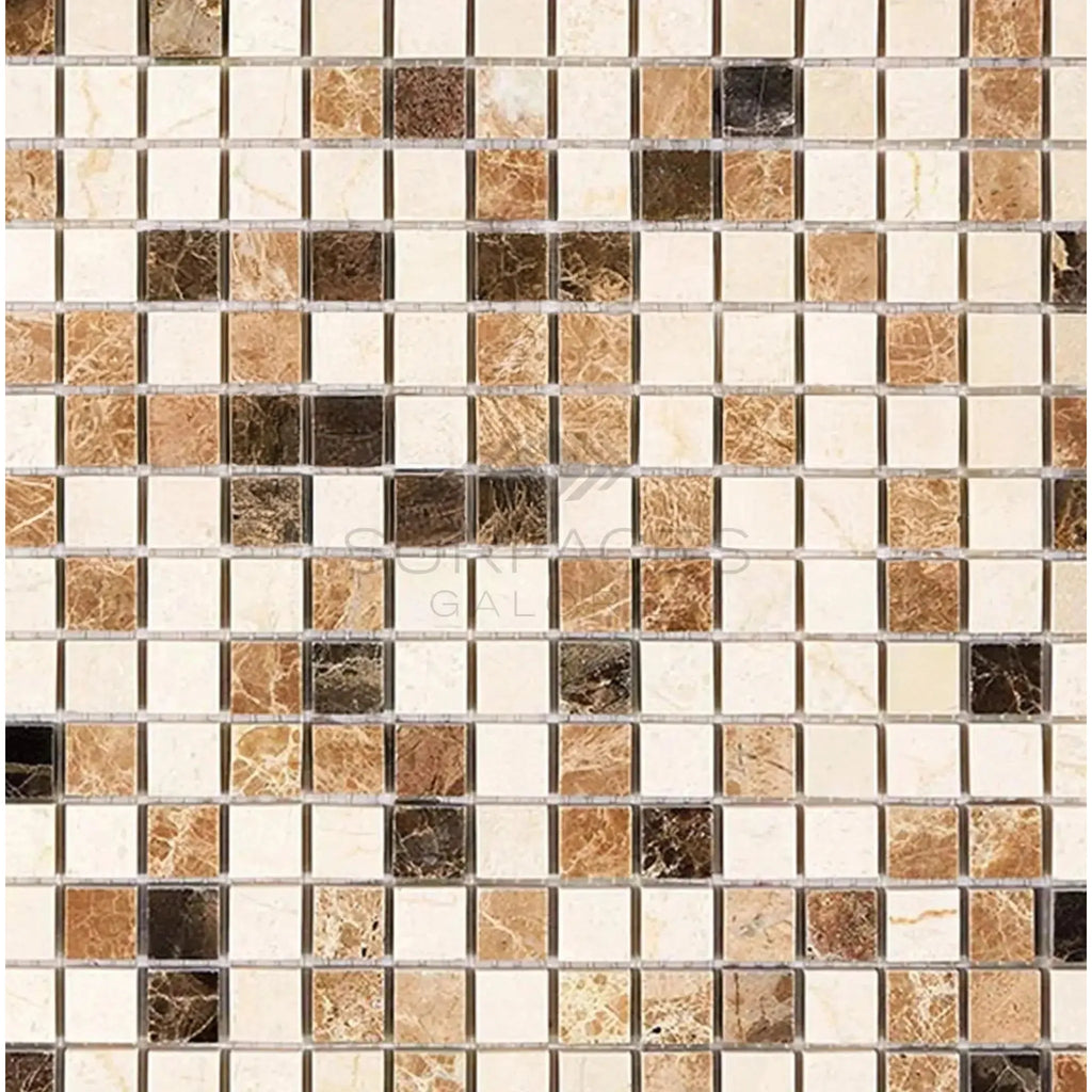 Mosaic tile pattern featuring Spanish Mix Crema Marfil and marble in polished finish