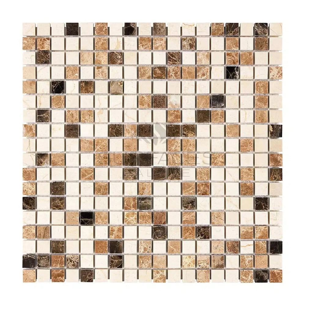 Mosaic tile sheet featuring Spanish Mix Crema Marfil and Empedrado marble polished finish