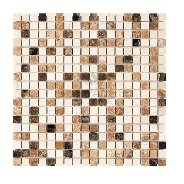 Mosaic tile sheet featuring Spanish Mix Crema Marfil and Empedrado marble polished finish