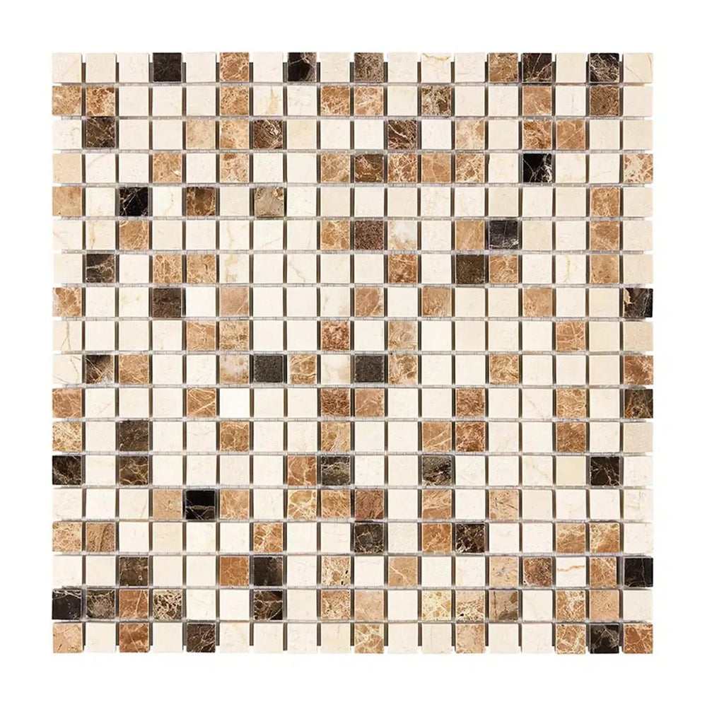 Square mosaic tile sheet featuring Spanish Mix Crema Marfil and Emp. Light and Dark Marble