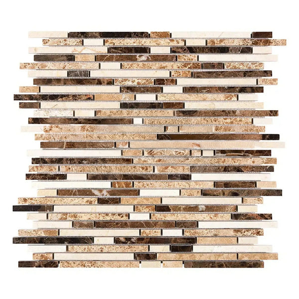 Rectangular mosaic tile sheet featuring Spanish Mix Bamboo Sticks in Crema Marfil marble