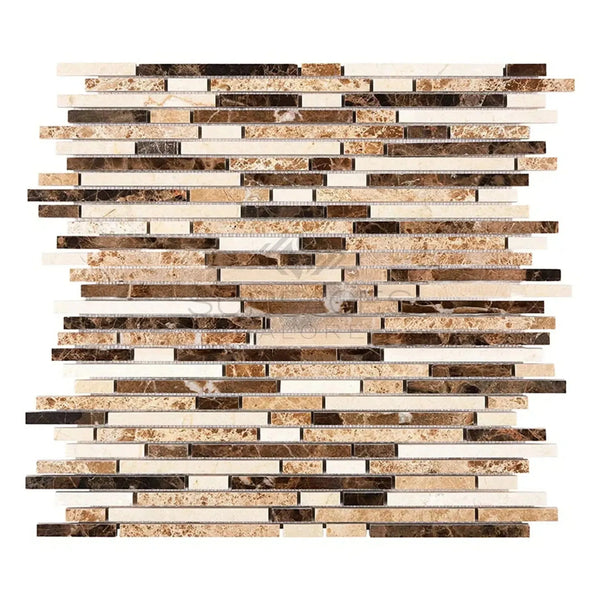 Mosaic tile sheet featuring Spanish Mix Bamboo Sticks with Crema Marfil and marble hues