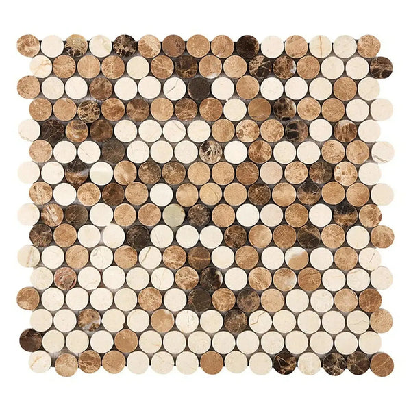 Circular mosaic tile pattern of Spanish Mix Penny-Round Crema Marfil marble tile