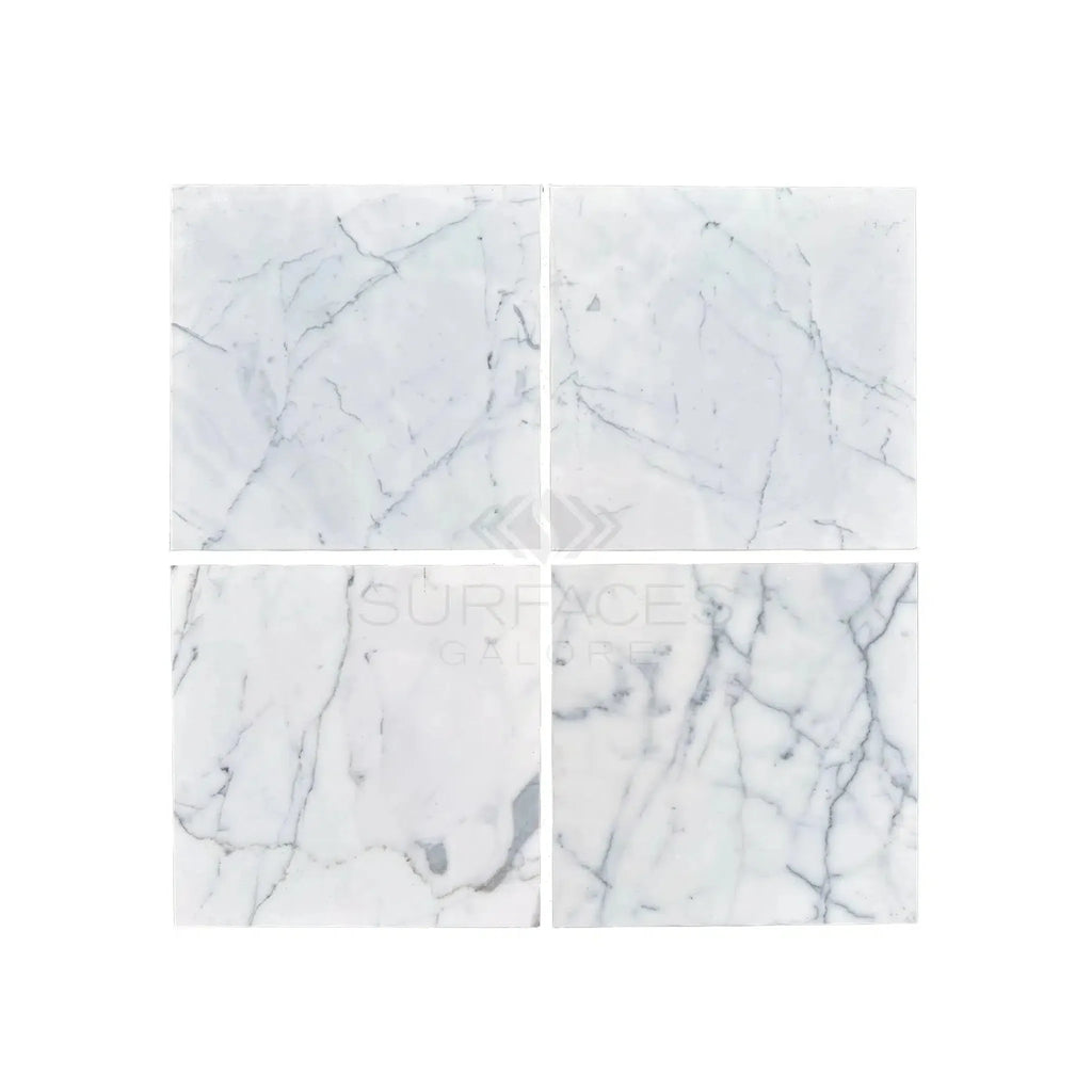 Four Statuary-Statuario White 12X12 Italian Marble Polished or Honed tiles displayed