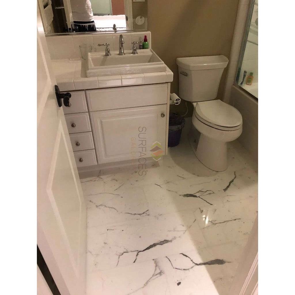 White bathroom featuring Statuary-Statuario White 12X12 Italian marble floor