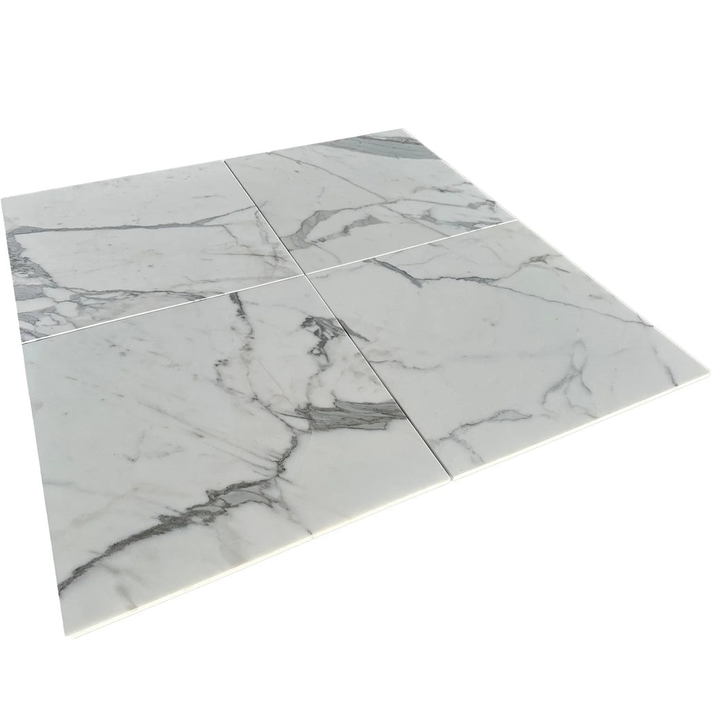 White marble-patterned tiles from Statuary-Statuario White 12X12 Italian Marble collection