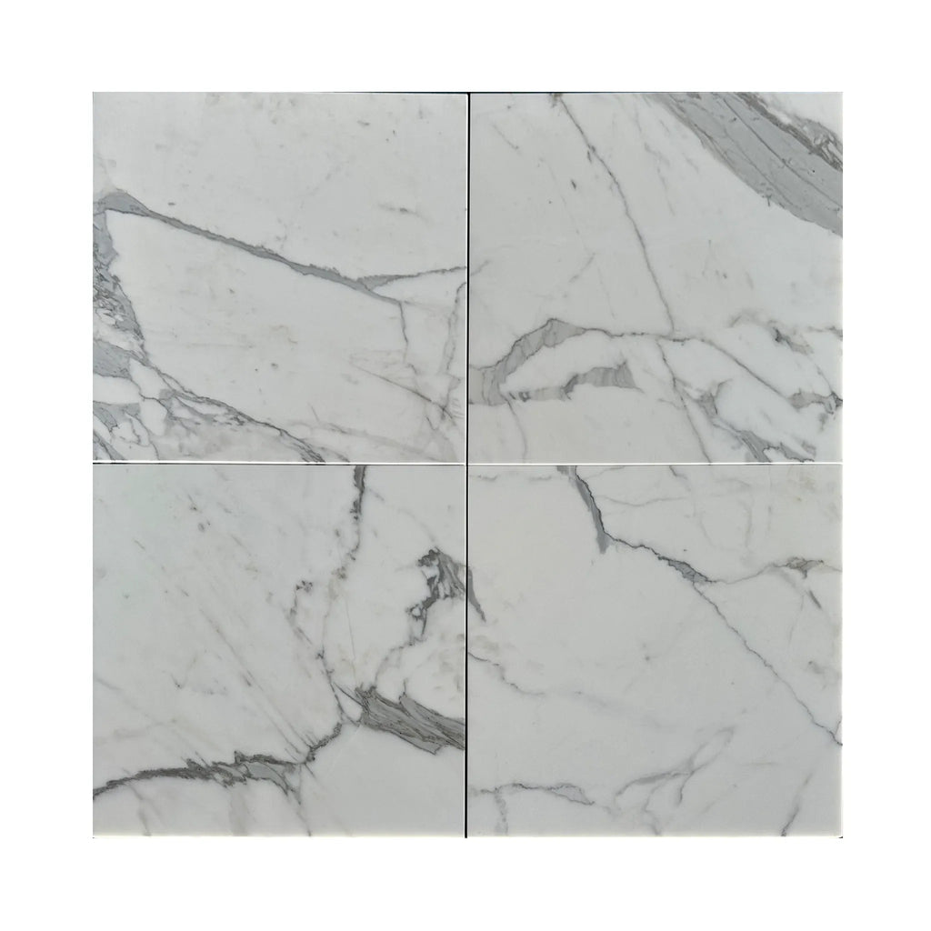 Four Statuary-Statuario White 12X12 Italian Marble Polished or Honed tiles displayed