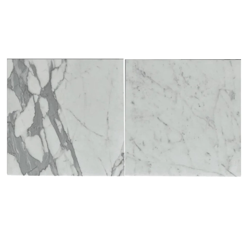 Two marble-patterned tiles from Statuary-Statuario White Italian Marble collection