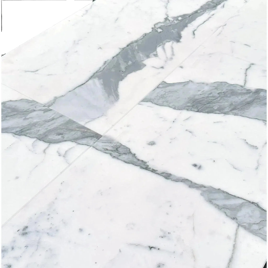 White marble tiles with gray veining in Statuary-Statuario White 12X24 Italian Marble