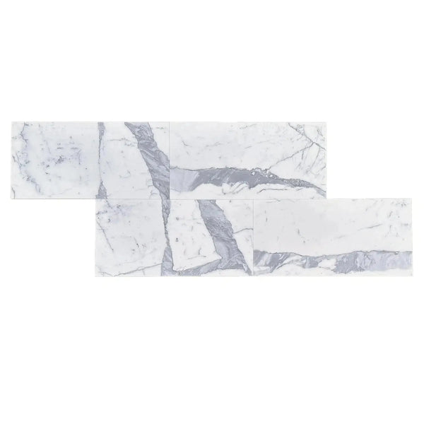 White marble tile arrangement of Statuary-Statuario White 3X6 Italian Marble